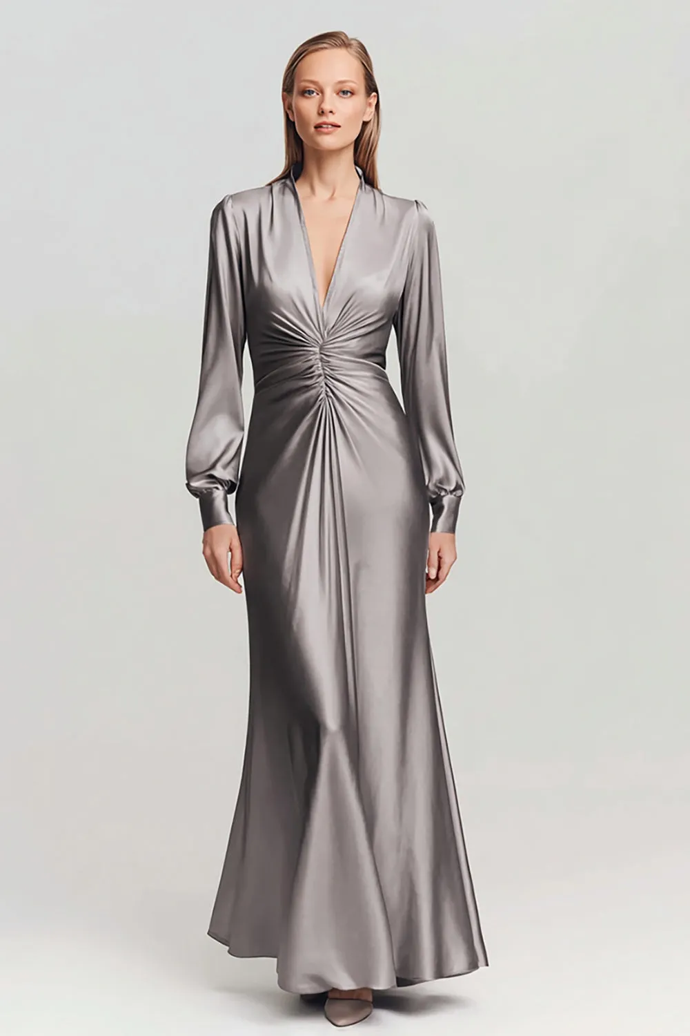 Grey Ruched Satin V Neck Long Formal Dress sold by Zapaka