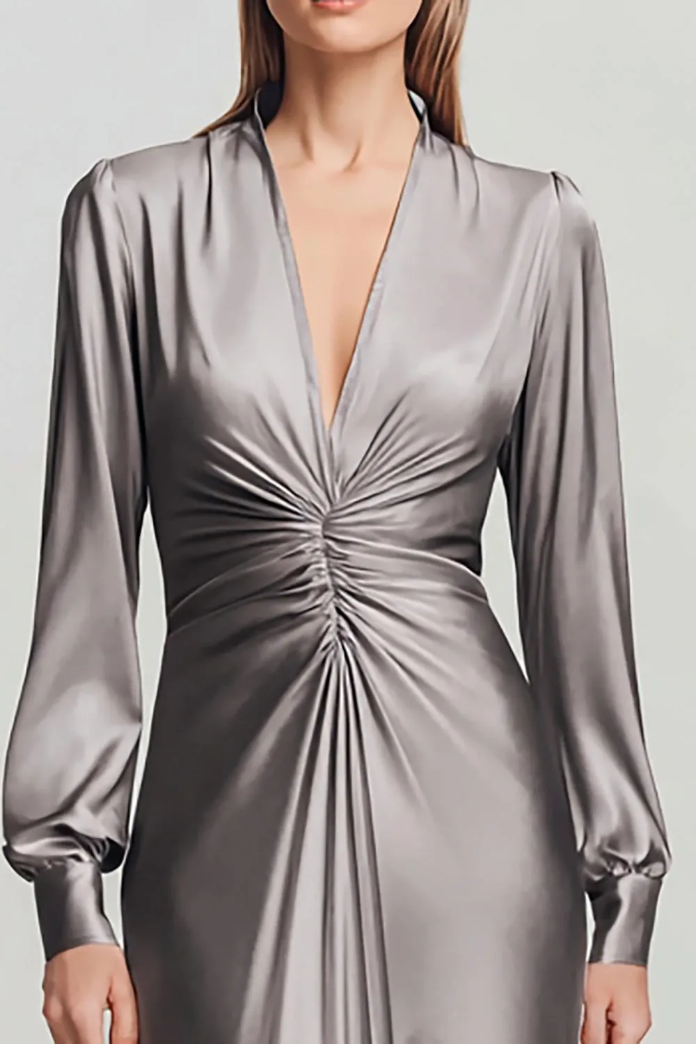 Grey Ruched Satin V Neck Long Formal Dress sold by Zapaka product image thumbnail 2