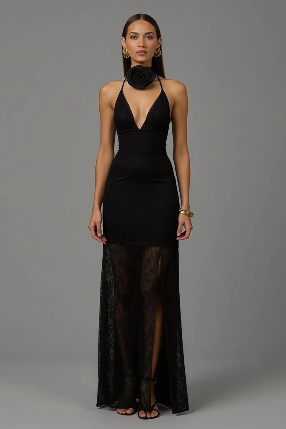 Black Sheath V Neck Long Formal Dress with Lace sold by Zapaka