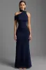 Navy Satin Asymmetrical Neck Long Formal Dress sold by Zapaka