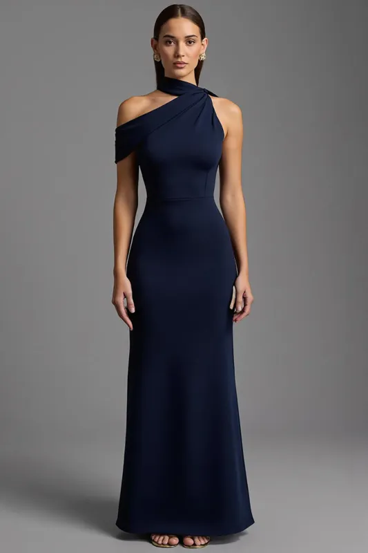 Navy Satin Asymmetrical Neck Long Formal Dress sold by Zapaka