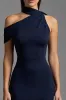 Navy Satin Asymmetrical Neck Long Formal Dress sold by Zapaka