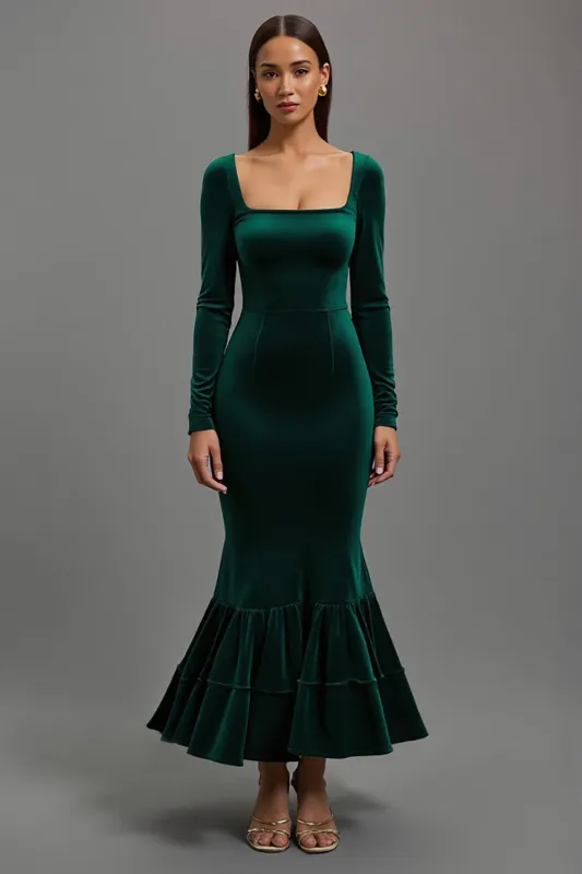 Mermaid Dark Green Velvet Long Sleeves Holiday Party Dress sold by Zapaka