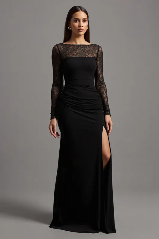 Illusion Neck Black Sheath Long Sleeves Formal Dress with Slit sold by Zapaka