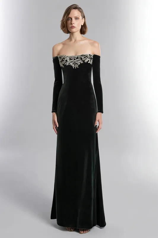 Black Velvet Off the Shoulder Long Holiday Party Dress sold by Zapaka
