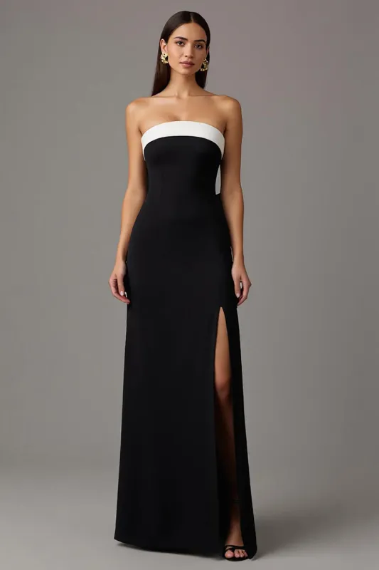 Strapless Black and White Sheath Long Formal Dress with Slit sold by Zapaka