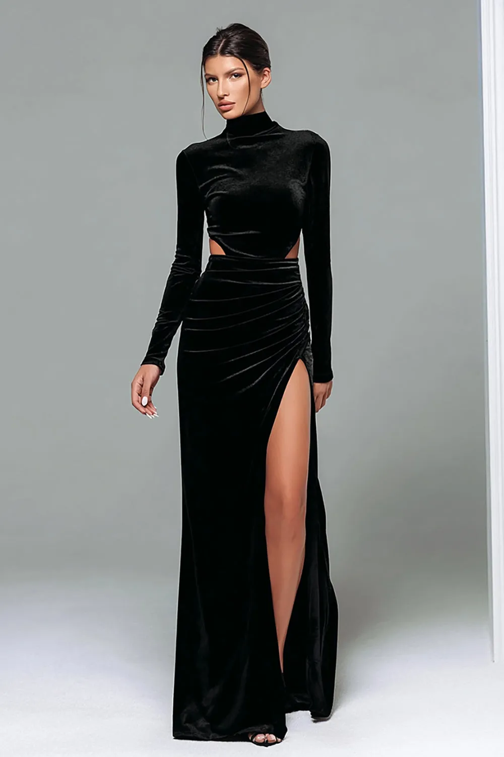 Black Velvet High Neck Long Sleeves Holiday Party Dress with Slit sold by Zapaka