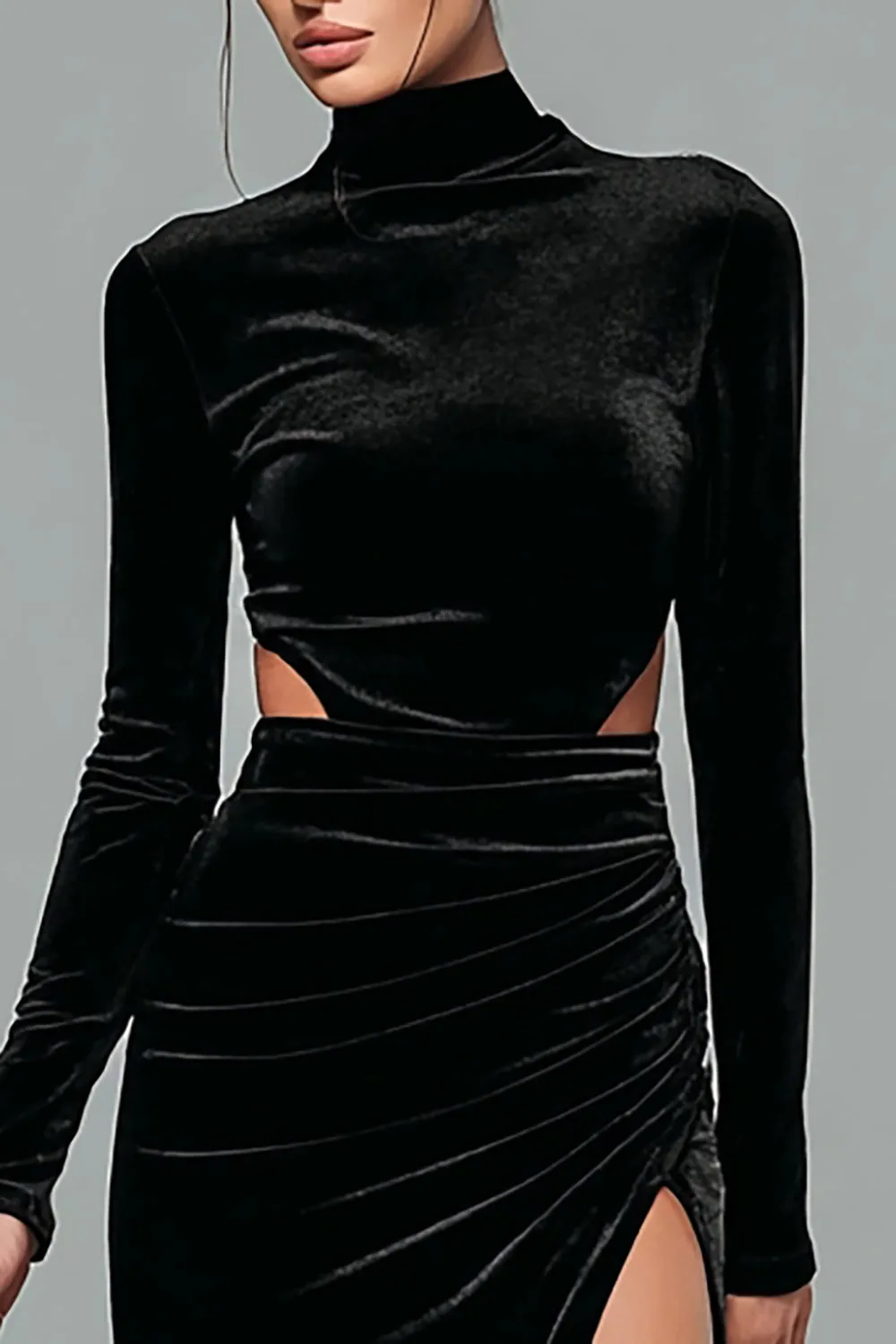 Black Velvet High Neck Long Sleeves Holiday Party Dress with Slit sold by Zapaka product image thumbnail 2