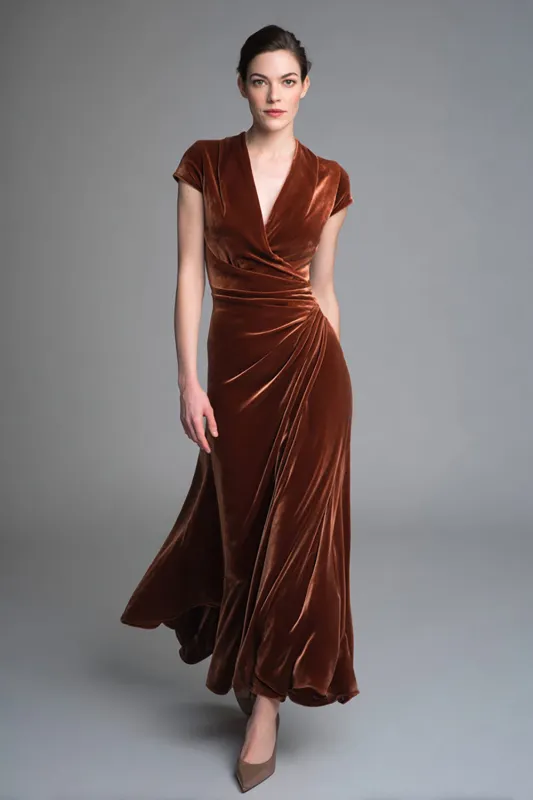 Velvet Caramel Ruched V Neck Long Holiday Party Dress sold by Zapaka