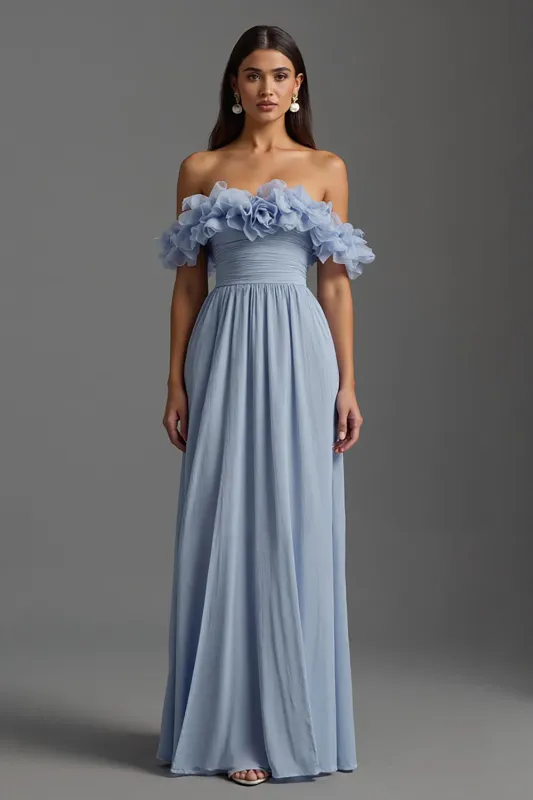 Sky Blue Ruched Off the Shoulder Chiffon Formal Dress with Ruffles sold by Zapaka