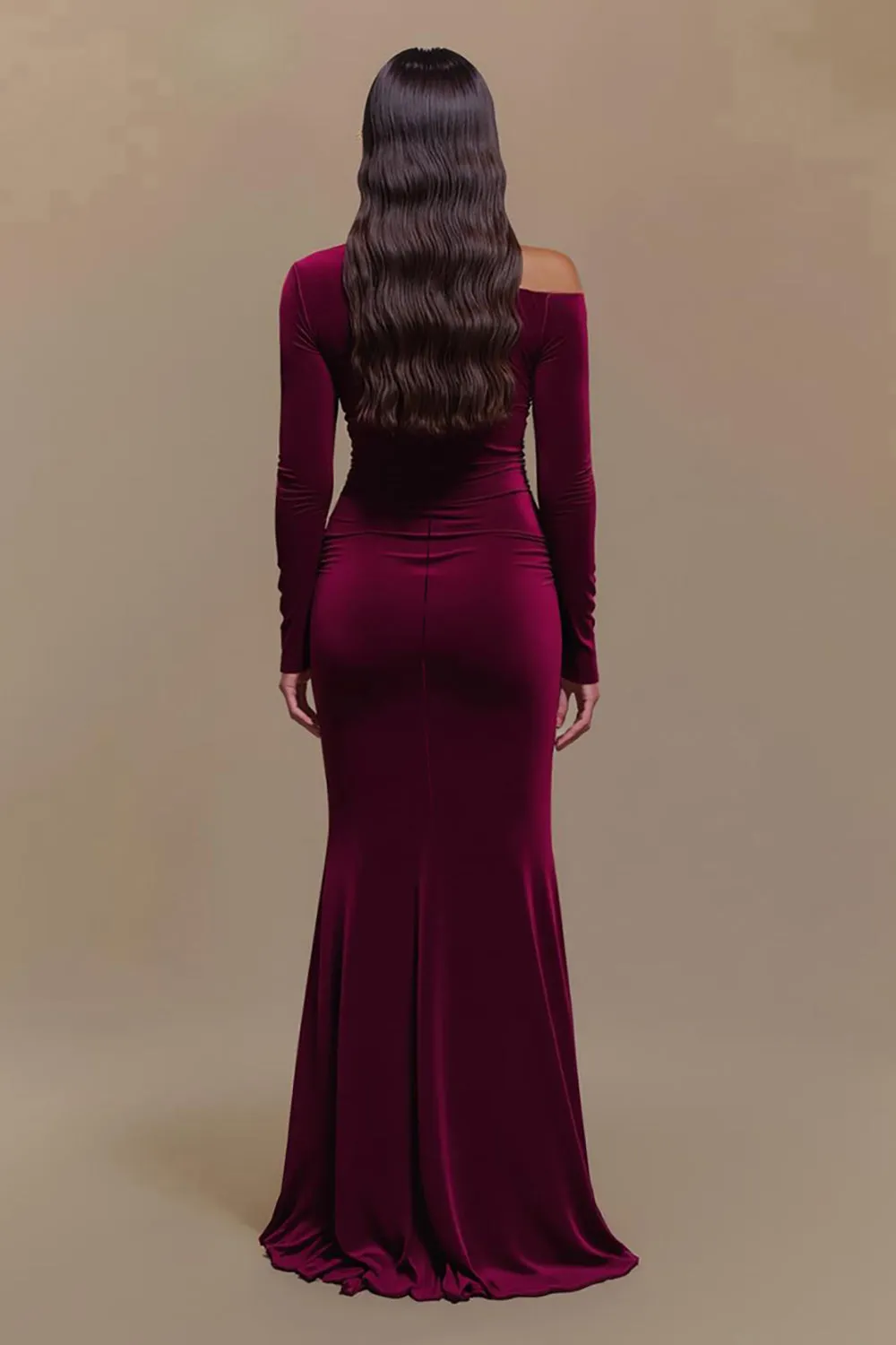 One Shoulder Satin Long Sleeves Burgundy Formal Dress with Slit sold by Zapaka product image thumbnail 2
