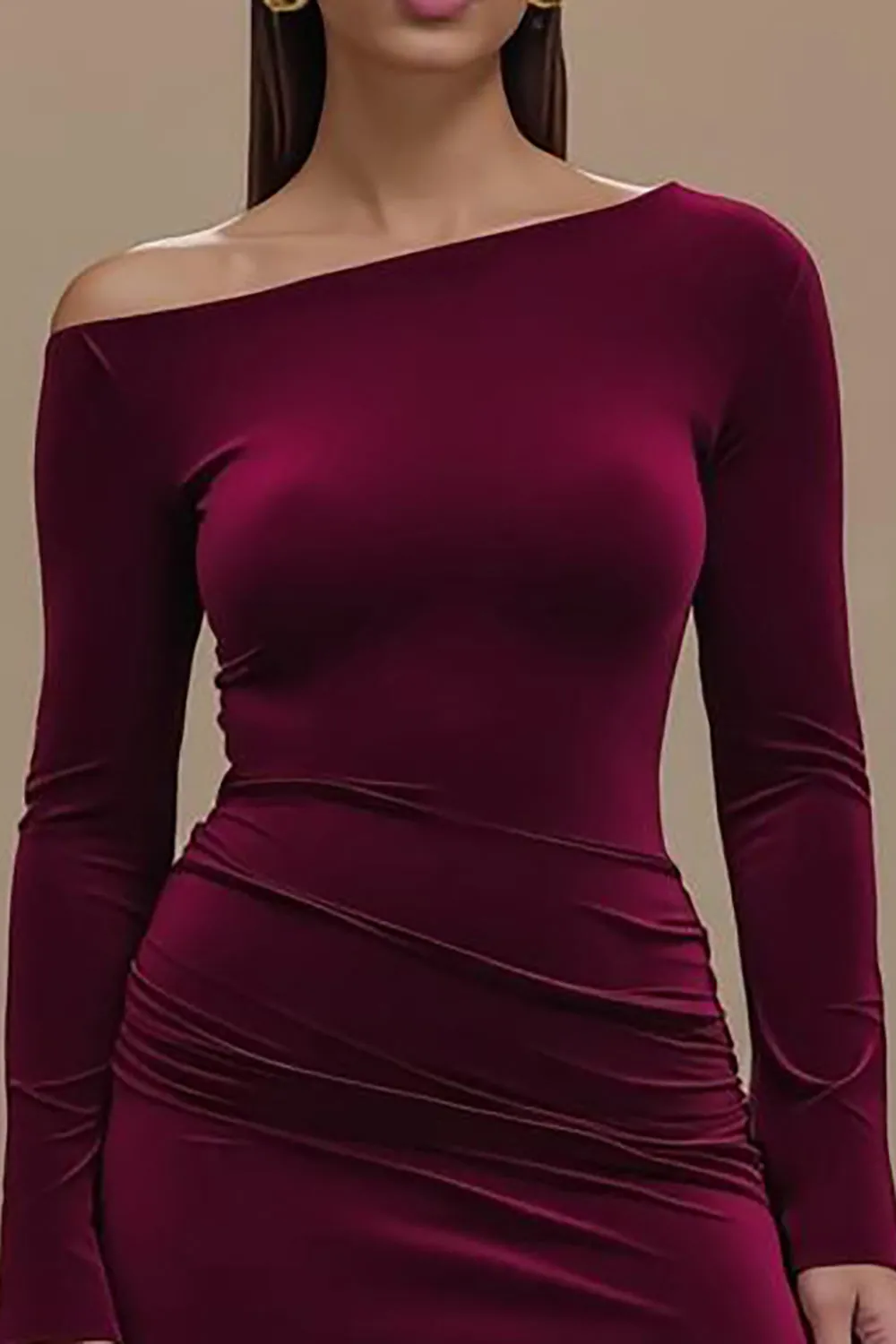 One Shoulder Satin Long Sleeves Burgundy Formal Dress with Slit sold by Zapaka product image thumbnail 3