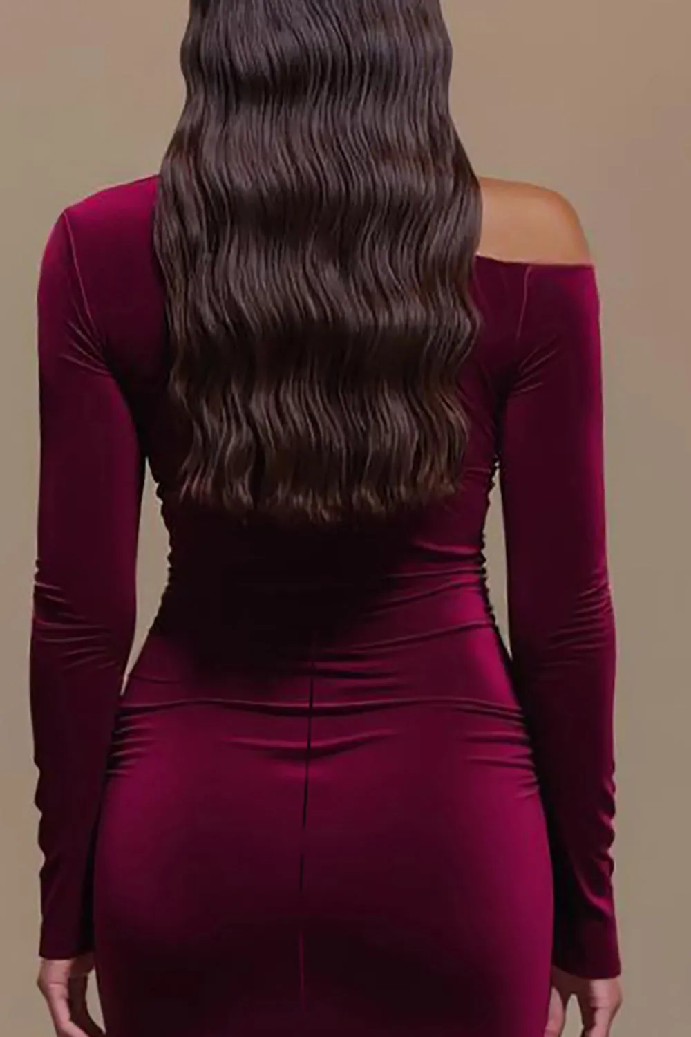 One Shoulder Satin Long Sleeves Burgundy Formal Dress with Slit sold by Zapaka product image thumbnail 4