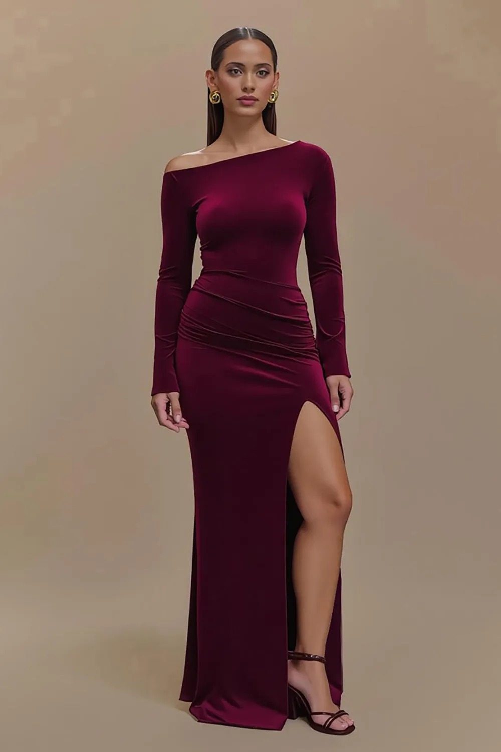 One Shoulder Satin Long Sleeves Burgundy Formal Dress with Slit sold by Zapaka