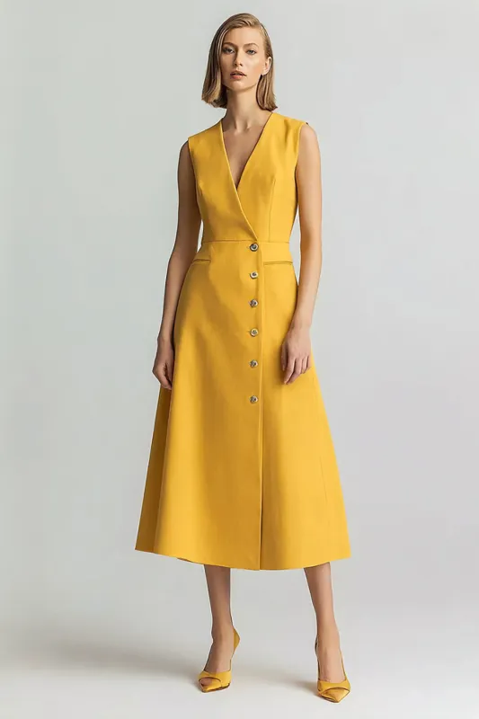 Yellow A Line V Neck Work Dress sold by Zapaka