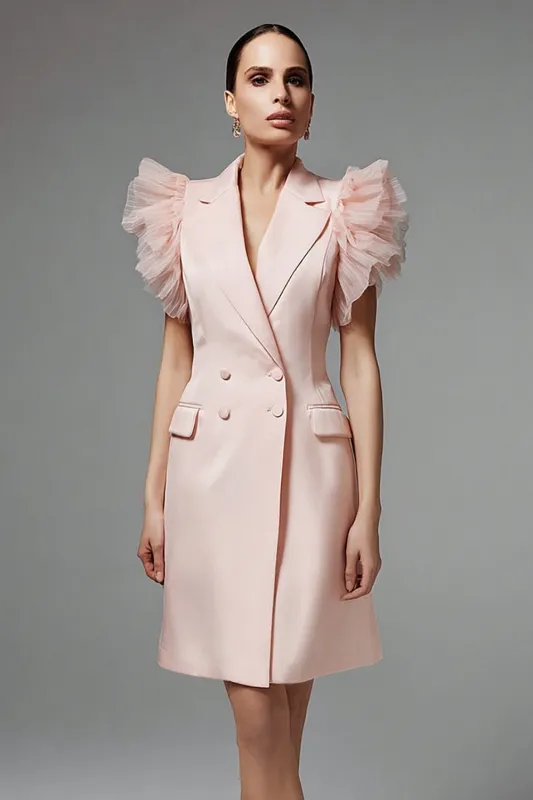 Ruffled Pink A Line Peak Lapel Work Dress sold by Zapaka
