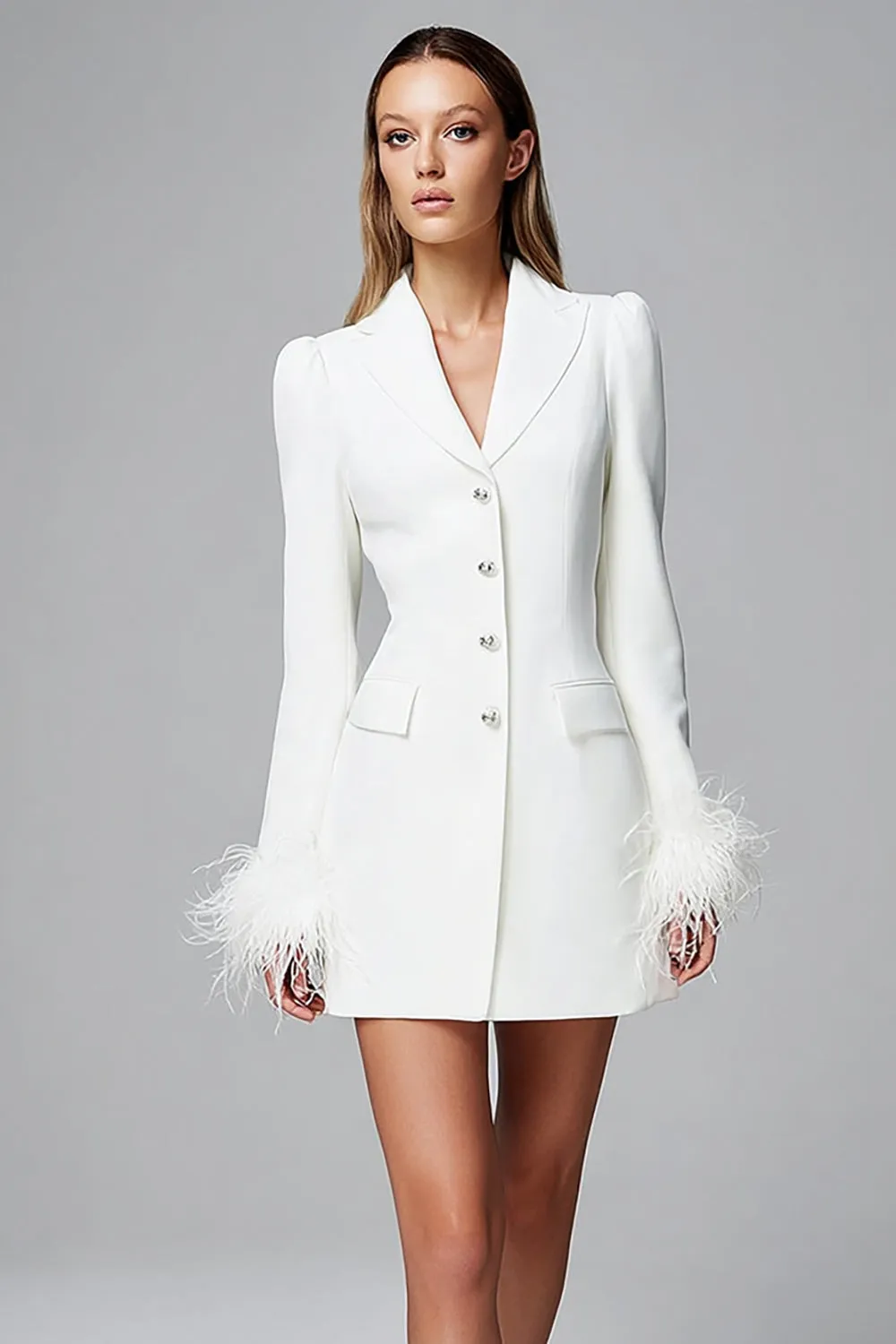 Feathers Ivory Satin Peak Lapel Bodycon Work Dress sold by Zapaka