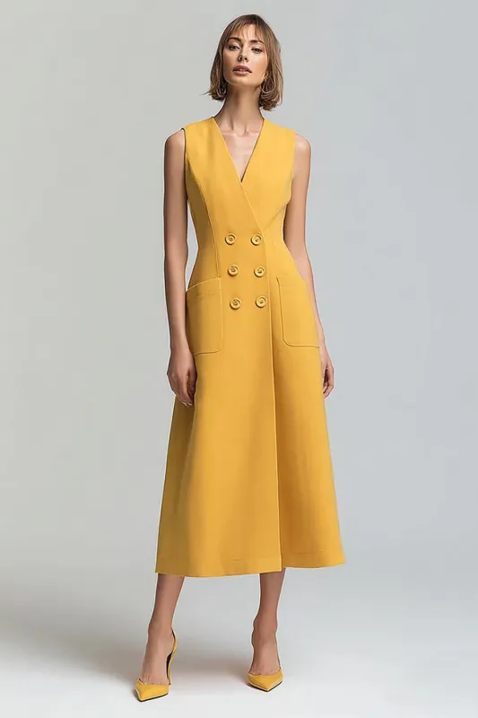 A Line Yellow V Neck Midi Work Dress sold by Zapaka