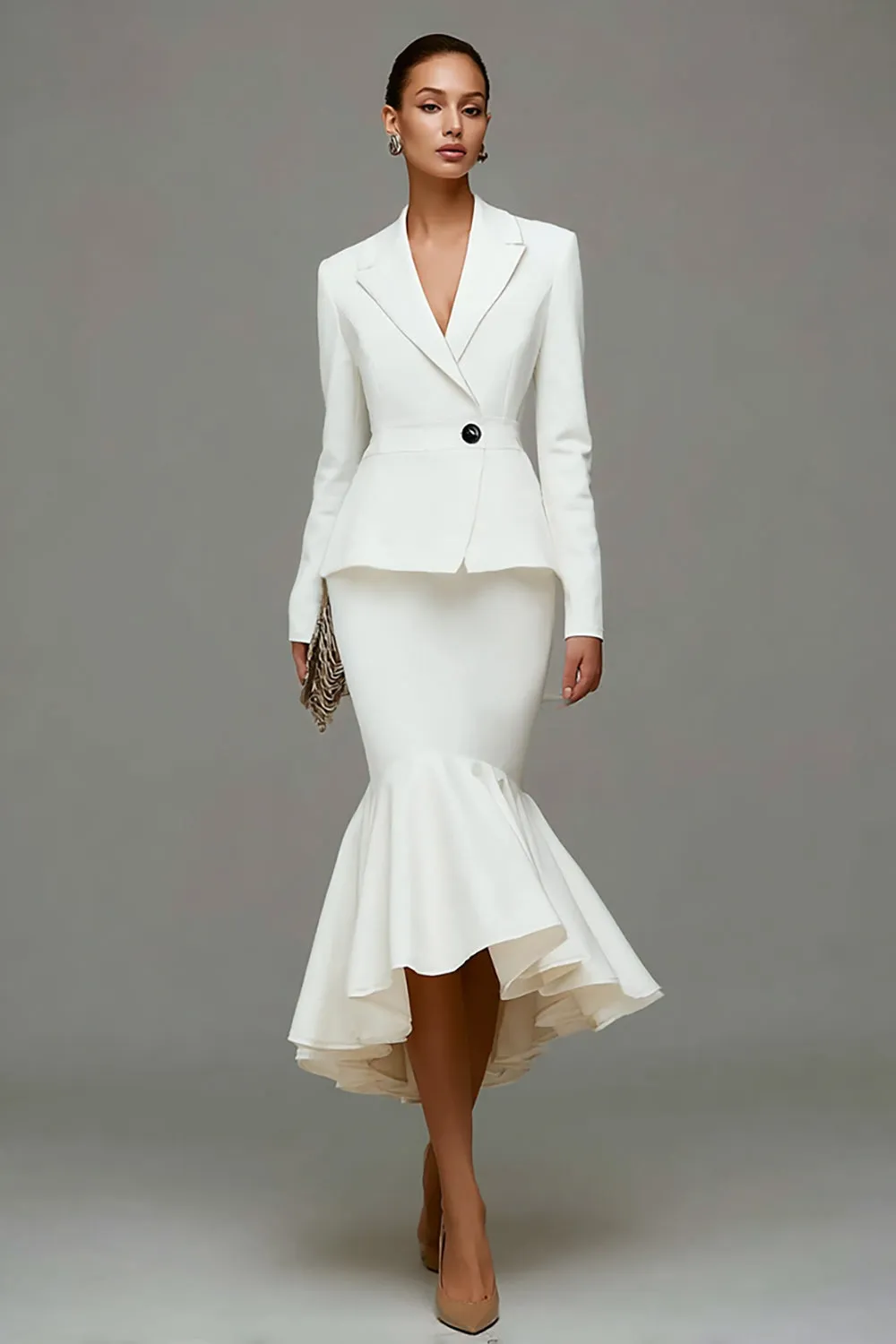 Mermaid Ivory Peak Lapel Midi Work Dress sold by Zapaka