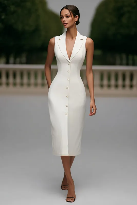 Ivory Crepe Peak Lapel Bodycon Work Dress sold by Zapaka