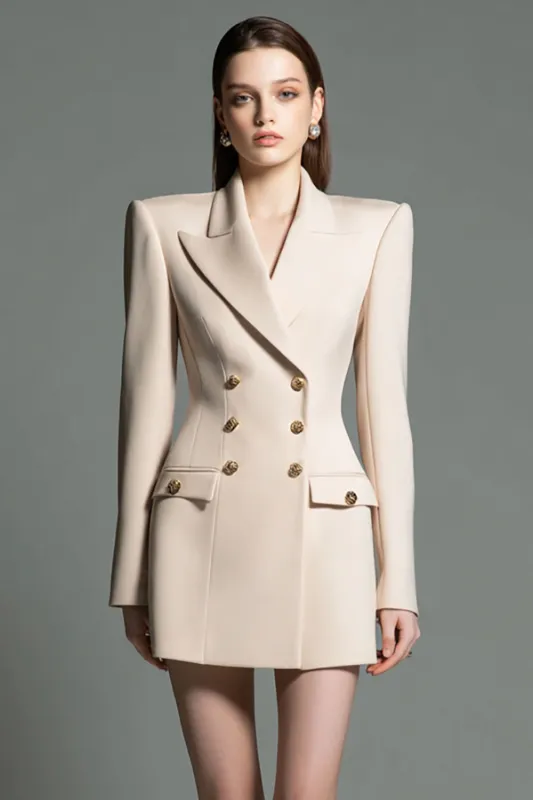 Champagne Double Breasted Peak Lapel Short Blazer Dress sold by Zapaka
