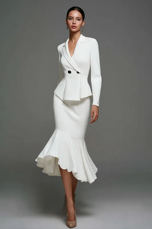 Ivory Notched Lapel Ruffled Midi Blazer Dress sold by Zapaka