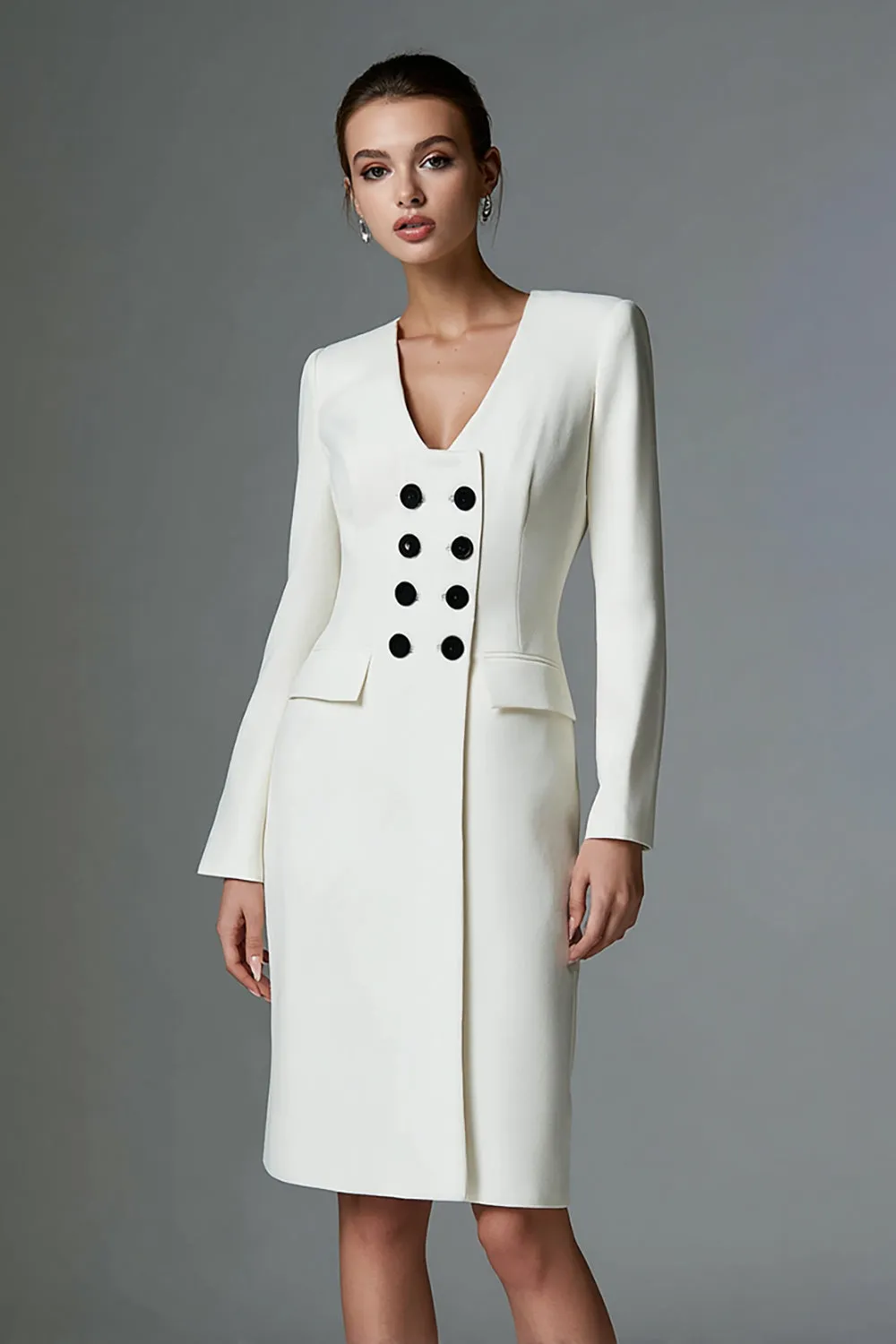 Ivory Double Breasted Pencil Short Work Dress sold by Zapaka