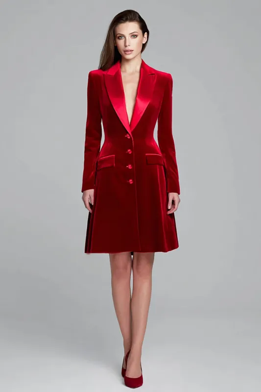 Burgundy Velvet Single Breasted Peak Lapel Blazer Dress sold by Zapaka
