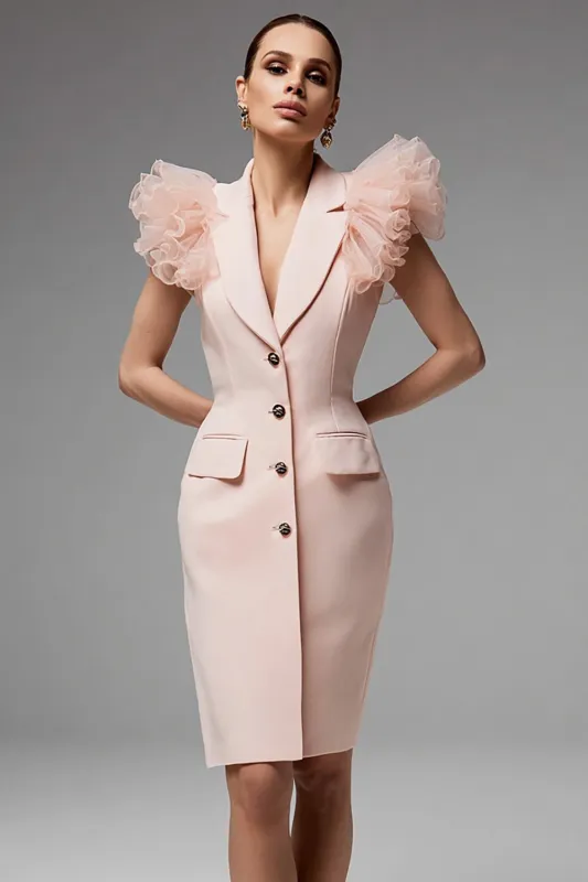 Pencil Single Breasted Short Pink Blazer Dress with Ruffles sold by Zapaka