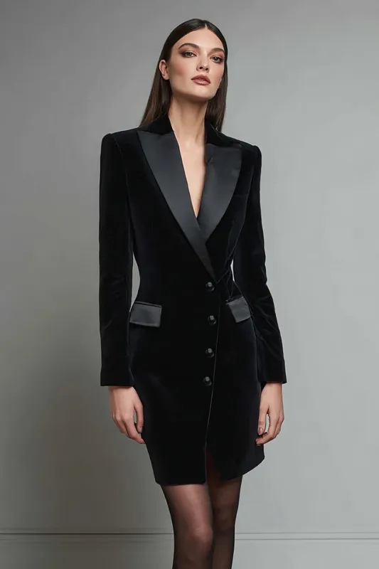 Velvet Black Pencil Peak Lapel Short Blazer Dress sold by Zapaka