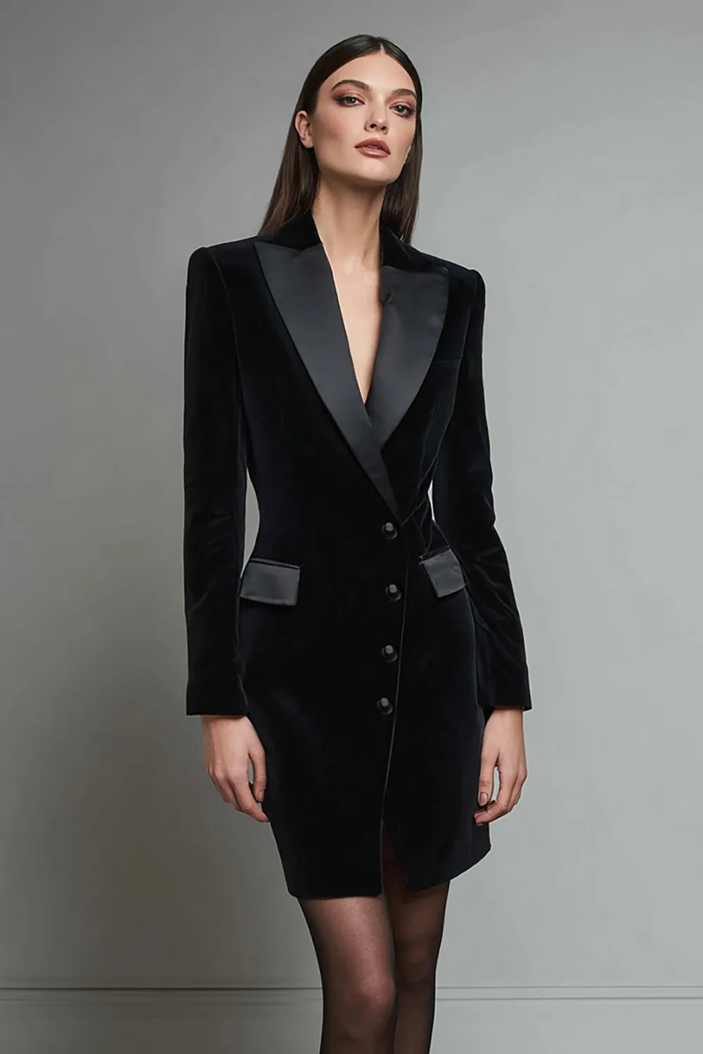 Velvet Black Pencil Peak Lapel Short Blazer Dress sold by Zapaka