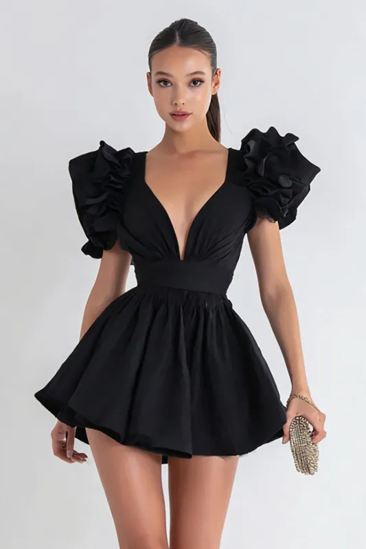 Simple A-Line V-Neck Little Black Dress with Ruffles Sleeves sold by Zapaka