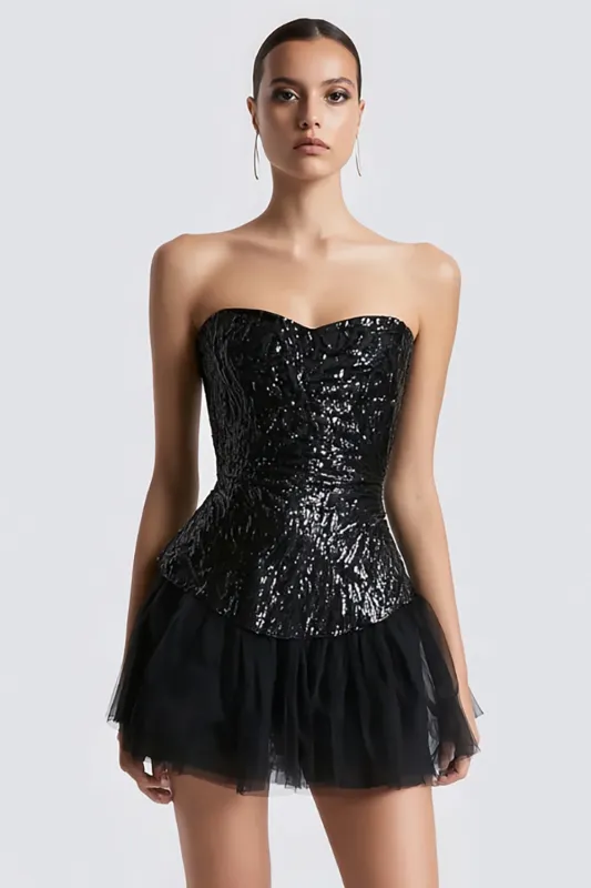 Sparkly A-Line Strapless Sequin Little Black Dress made by Zapaka