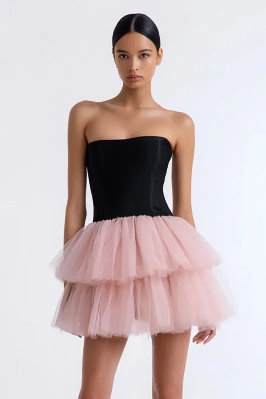 Tiered Black and Pink A-Line Strapless Tulle Little Black Dress sold by Zapaka