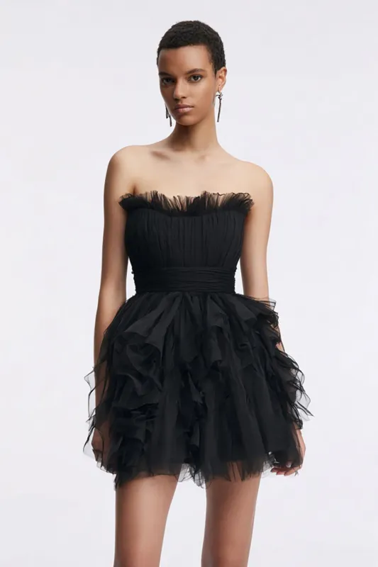 Strapless A-Line Tulle Little Black Dress with Ruffles sold by Zapaka