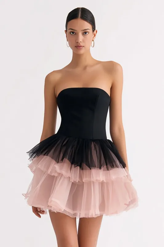 A-Line Strapless Tiered Tulle Little Black Dress sold by Zapaka