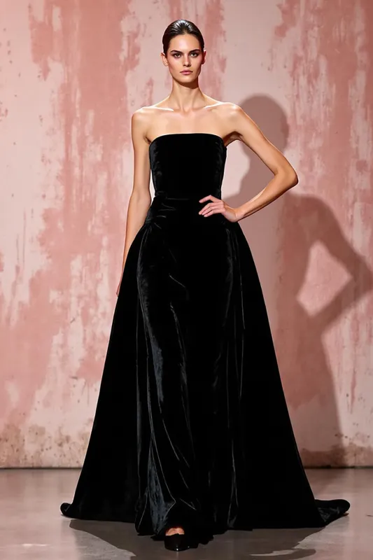 Simple Black Strapless A Line Velvet Evening Dress sold by Zapaka