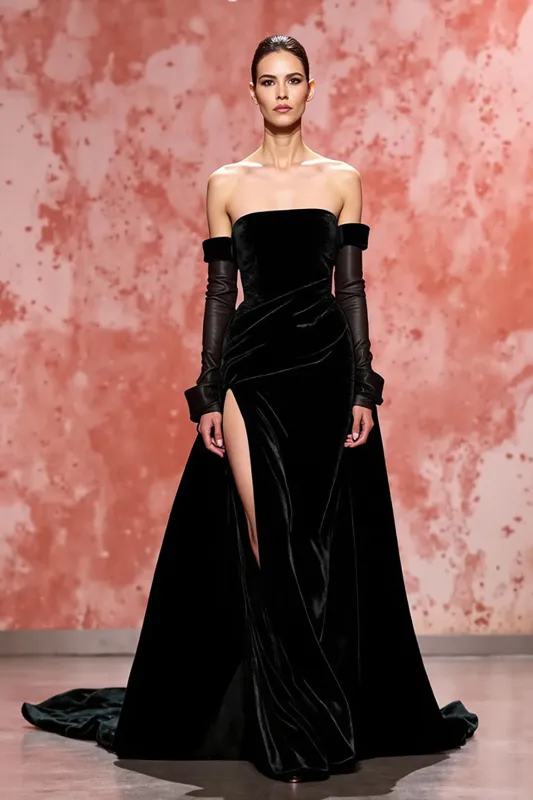 Velvet Black A Line Strapless Long Evening Dress with Slit sold by Zapaka