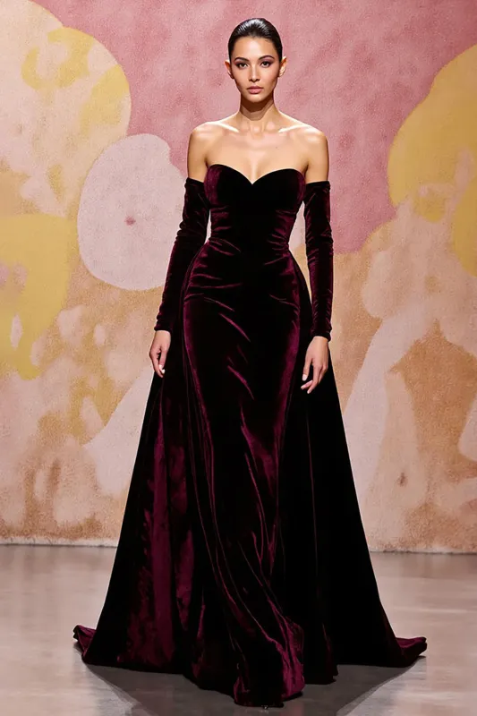 Sweetheart Dark Red Velvet A Line Long Evening Dress sold by Zapaka