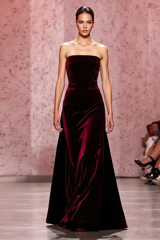 Dark Red Strapless Velvet Long Evening Dress sold by Zapaka
