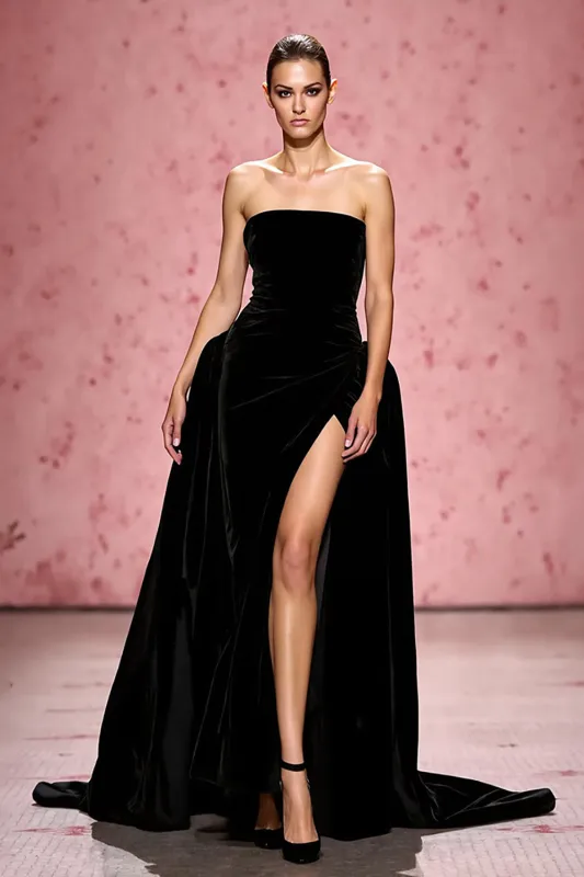 Simple Black A Line Velvet Strapless Long Evening Dress with Slit sold by Zapaka