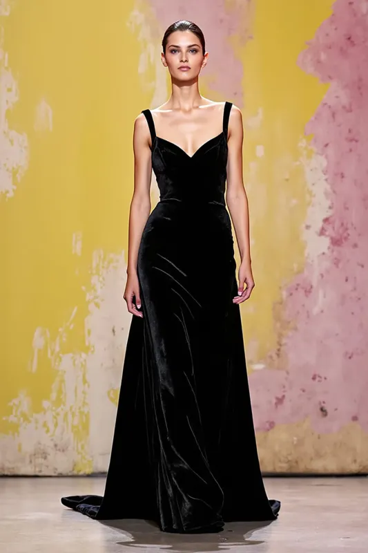 Velvet Simple Black Long Sheath Evening Dress sold by Zapaka