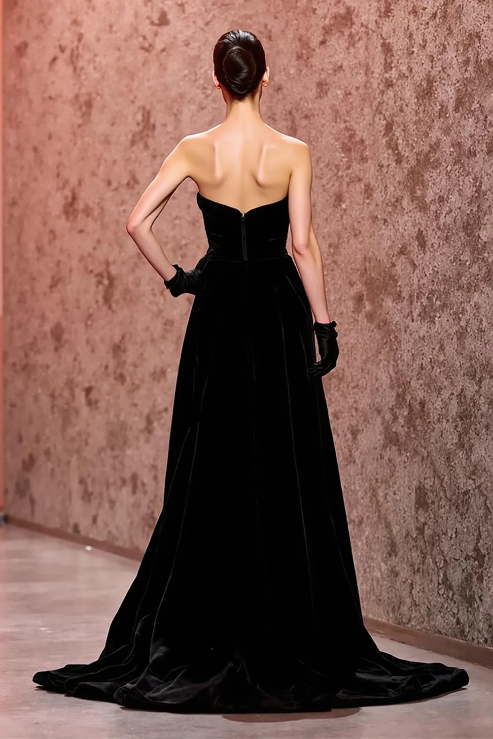 Simple Black Velvet Long Strapless Evening Dress with Slit sold by Zapaka product image thumbnail 2