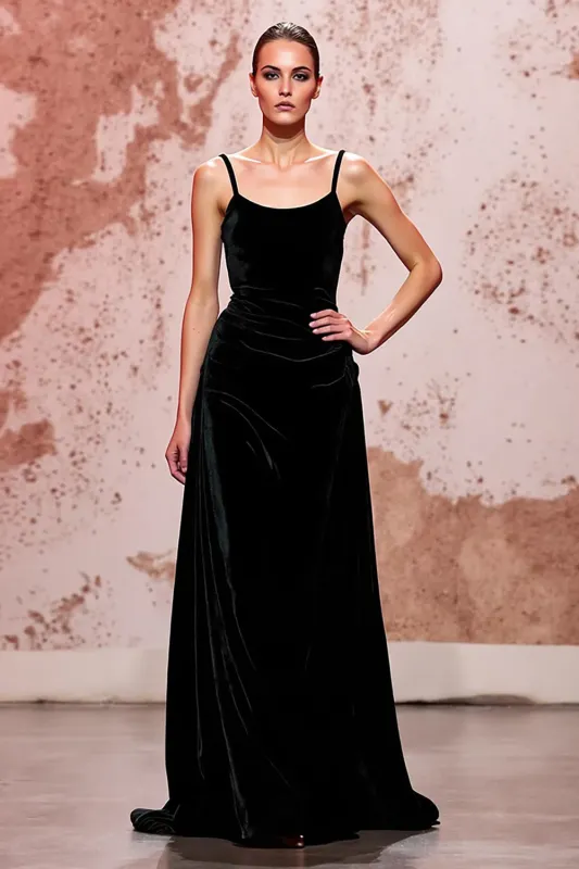 Simple Black Velvet Long Spaghetti Straps Evening Dress sold by Zapaka