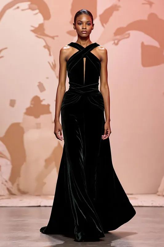 Simple Black Velvet Long Keyhole Evening Dress sold by Zapaka