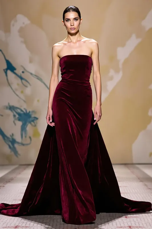 Velvet Dark Red A Line Strapless Long Holiday Party Dress sold by Zapaka