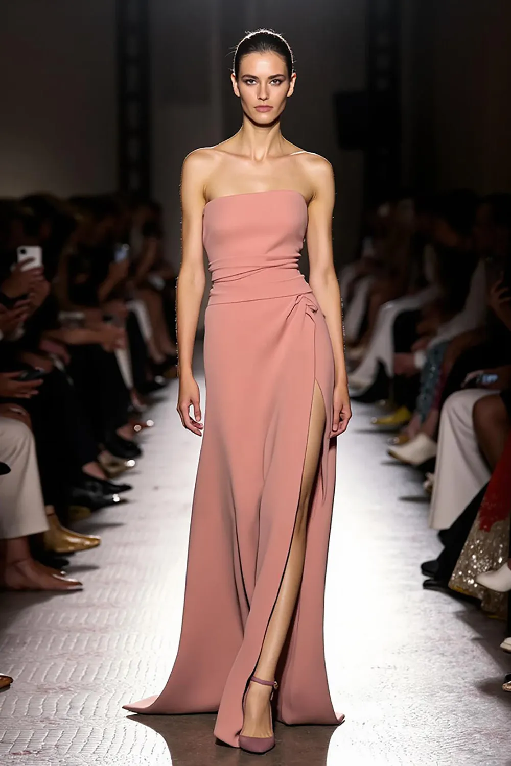 Pink Simple Ruched Strapless Long Evening Dress with Slit sold by Zapaka
