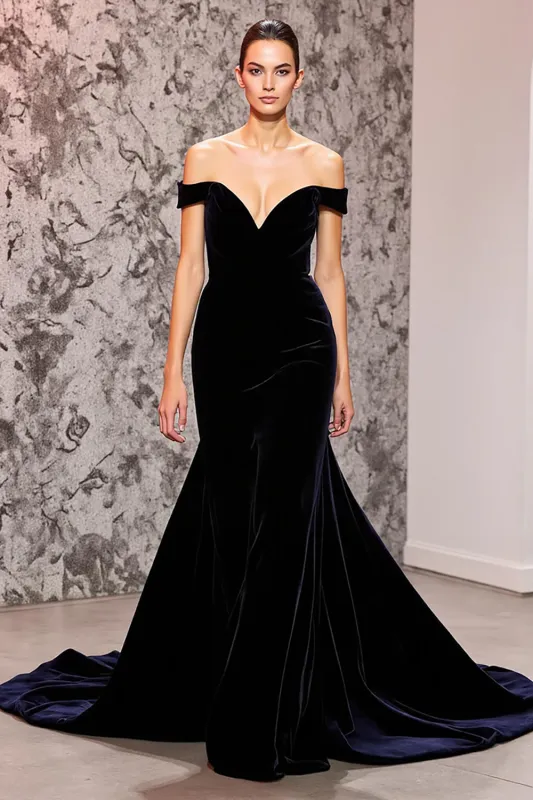 Mermaid Black Velvet Off the Shoulder Sweep Train Holiday Party Dress sold by Zapaka