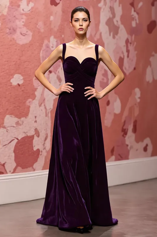 Velvet Simple Dark Purple A Line Long Holiday Party Dress sold by Zapaka