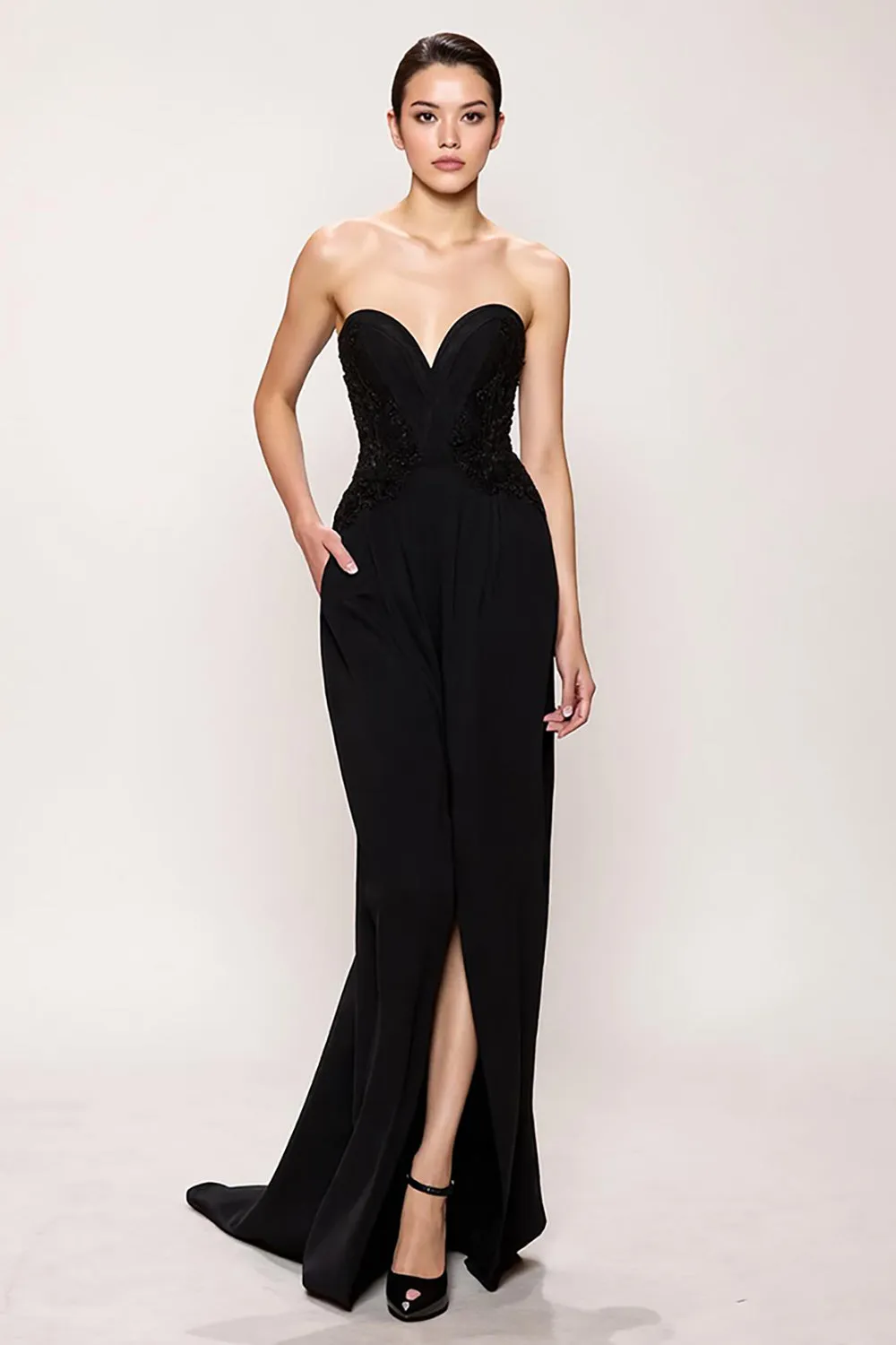Sweetheart Simple Black Sheath Long Evening Dress with Slit sold by Zapaka